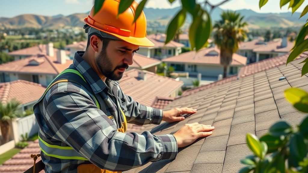 Expert Orange County roofing contractor checks residential roof under midday sun.