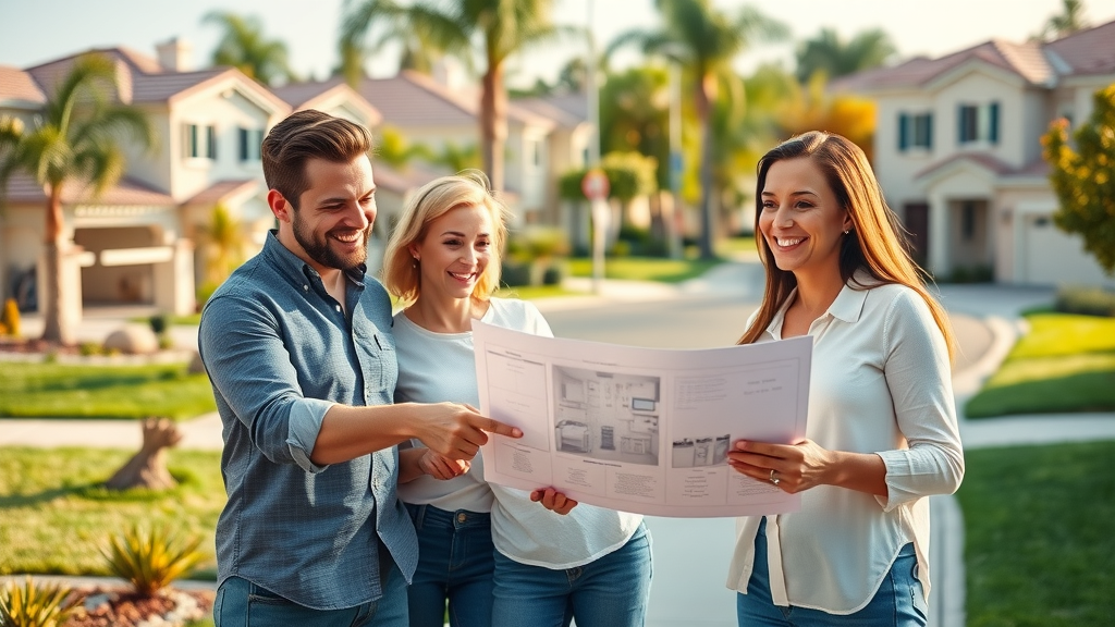 Vibrant suburban streetscape in Orange County, cheerful homeowners consulting with a designer, orange county home transformation
