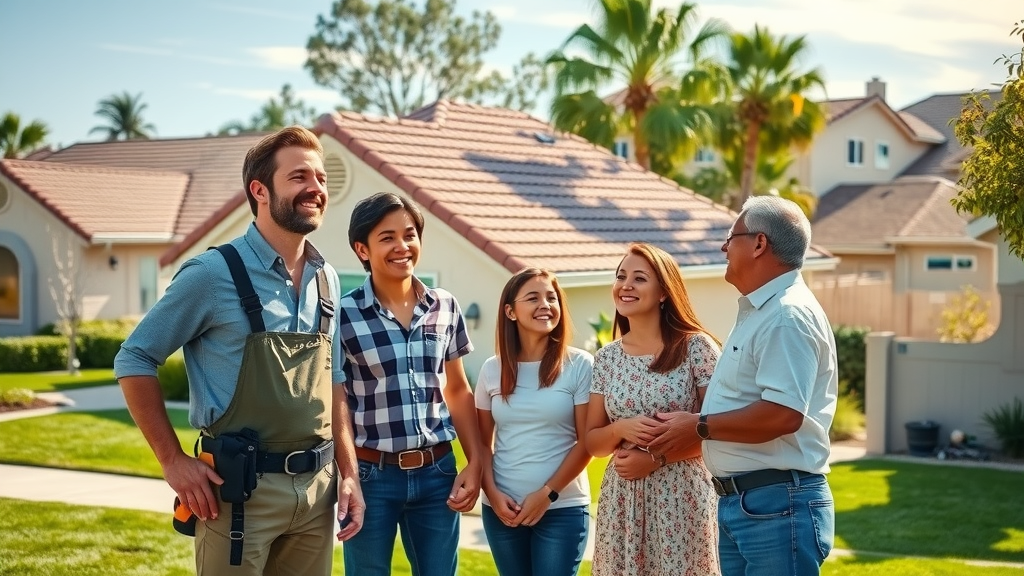 Orange County roofing contractor and family admire new roof in sunny suburb.
