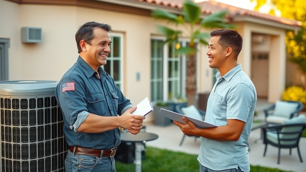 Orange County HVAC technician advising homeowner on AC system summer upkeep.