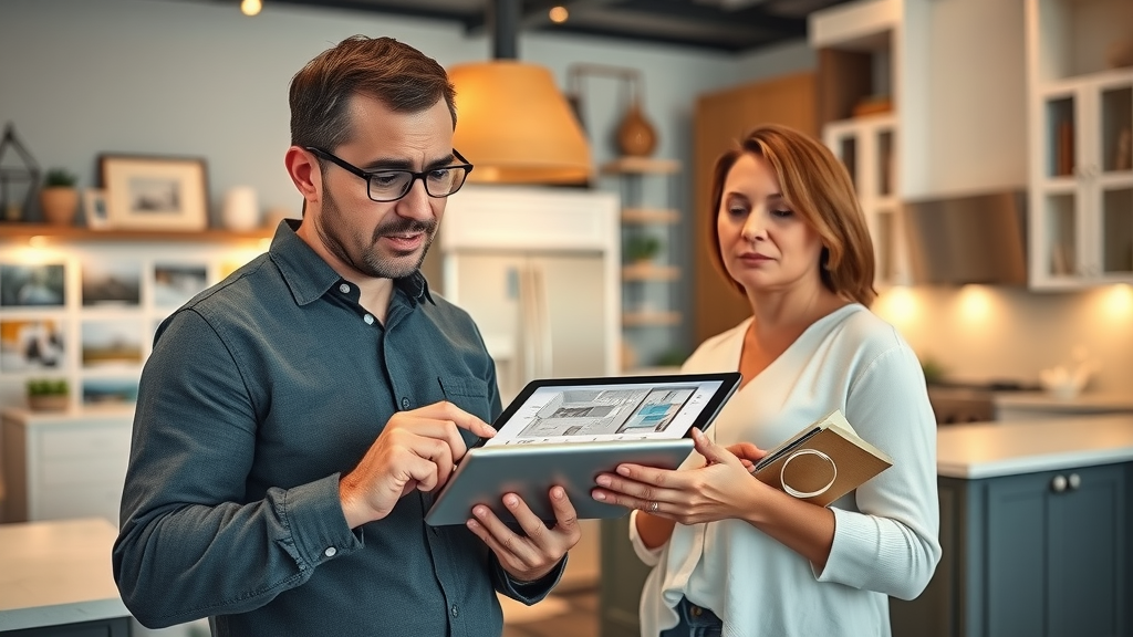 Focused kitchen designer and homeowner planning kitchen remodel orange county, reviewing digital kitchen layout in a bright showroom