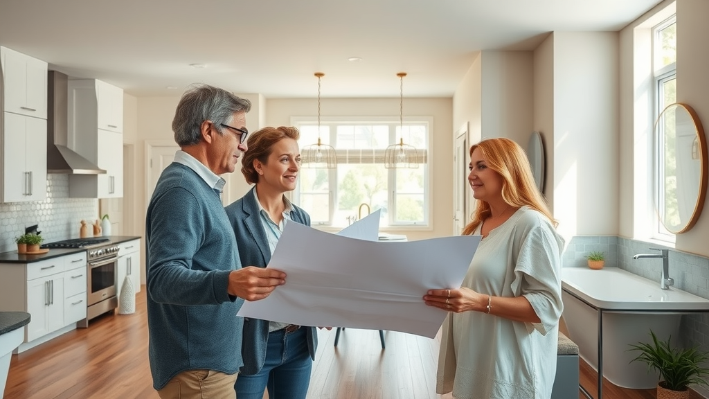 designer reviewing plans with homeowner for kitchen and bath remodel orange county, open-concept home, cohesive design theme