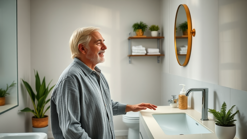 Stylish Orange County bathroom remodel with modern fixtures, smart storage, and happy homeowner enjoying renovation.