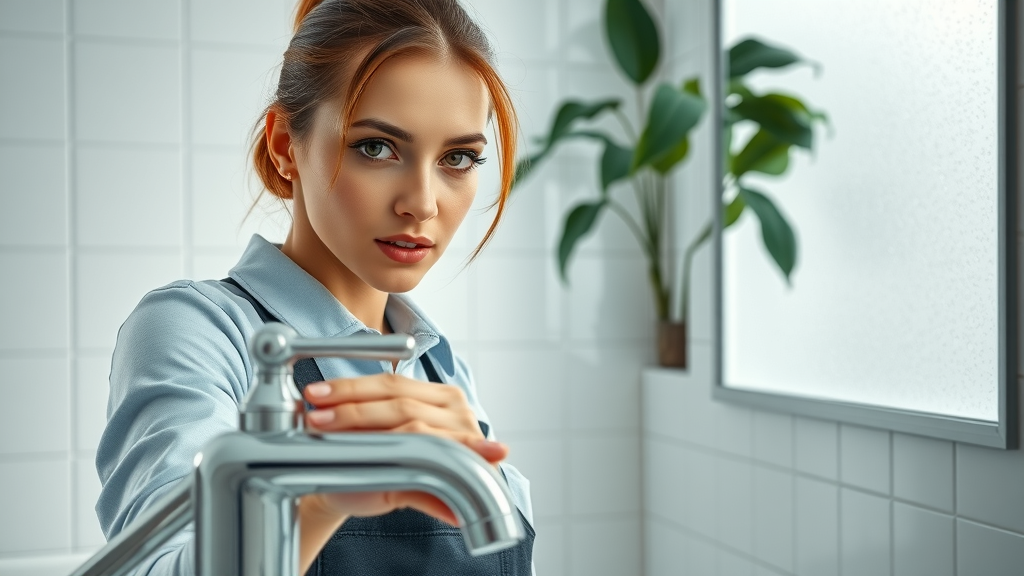 Female plumber repairs bathroom faucet in Costa Mesa home
