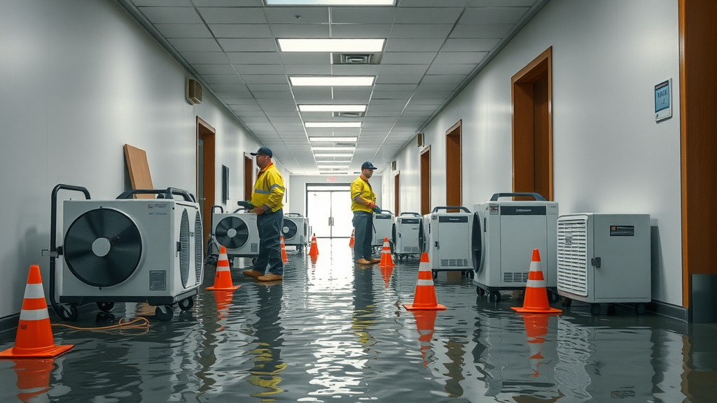 Water damage specialists restore flooded commercial hallway with equipment