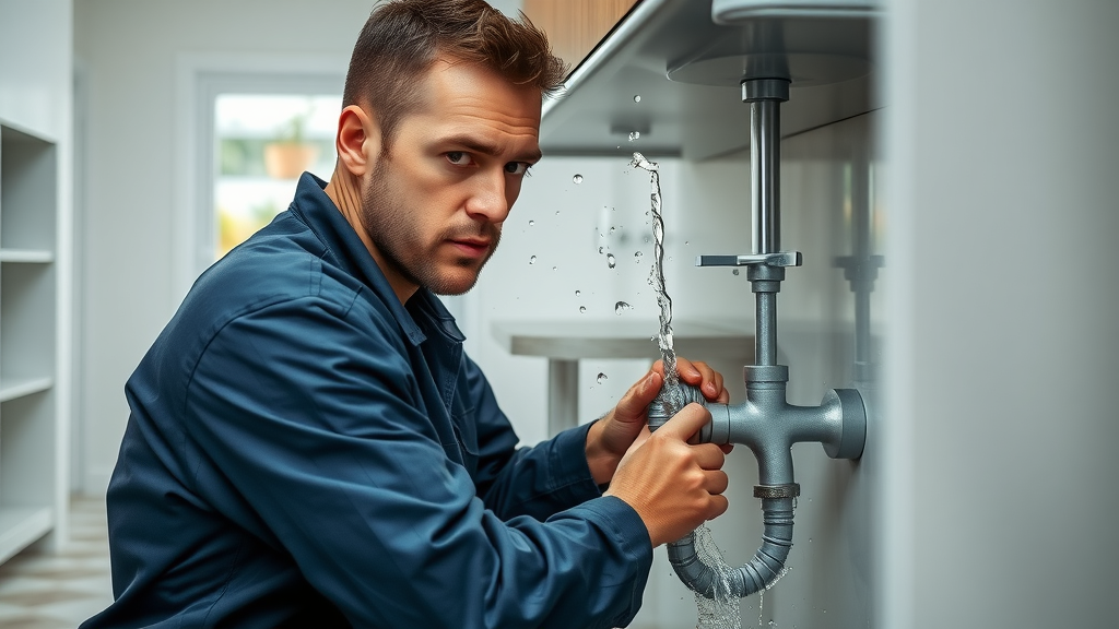 Repipe and water damage specialist fixing burst pipe in modern kitchen