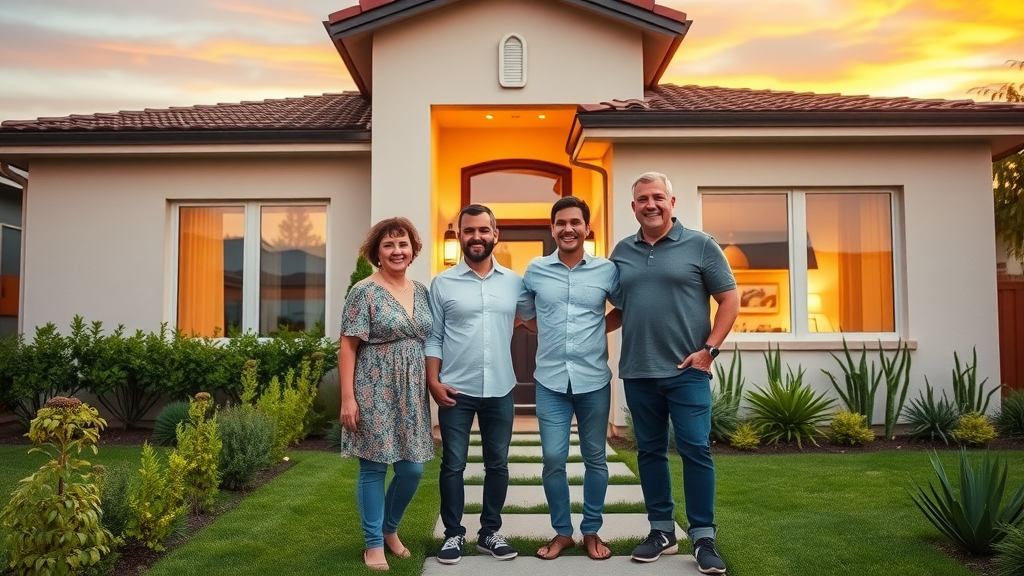 Vibrant Orange County home exterior at sunset with family celebrating completed home remodel project