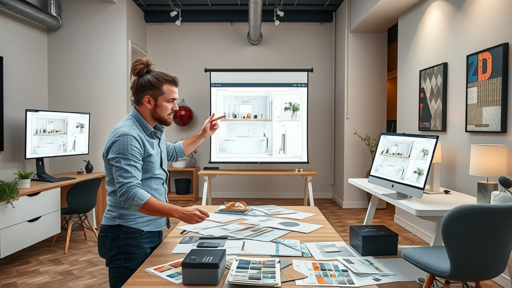 design professional presenting 3D bathroom renderings to clients, creative Orange County bath remodel studio, sample materials and digital displays