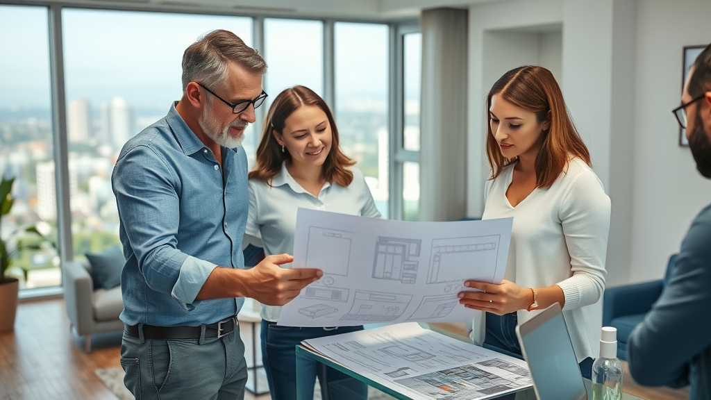 residential remodeling orange county professional consultation, design phase with blueprints, Orange County cityscape view, remodeling project planning session