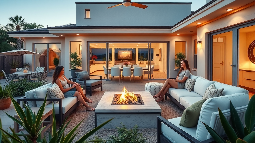 elegant outdoor living space Orange County home, modern patio design, friends enjoying backyard, residential remodeling orange county with fire pit and high-end furniture