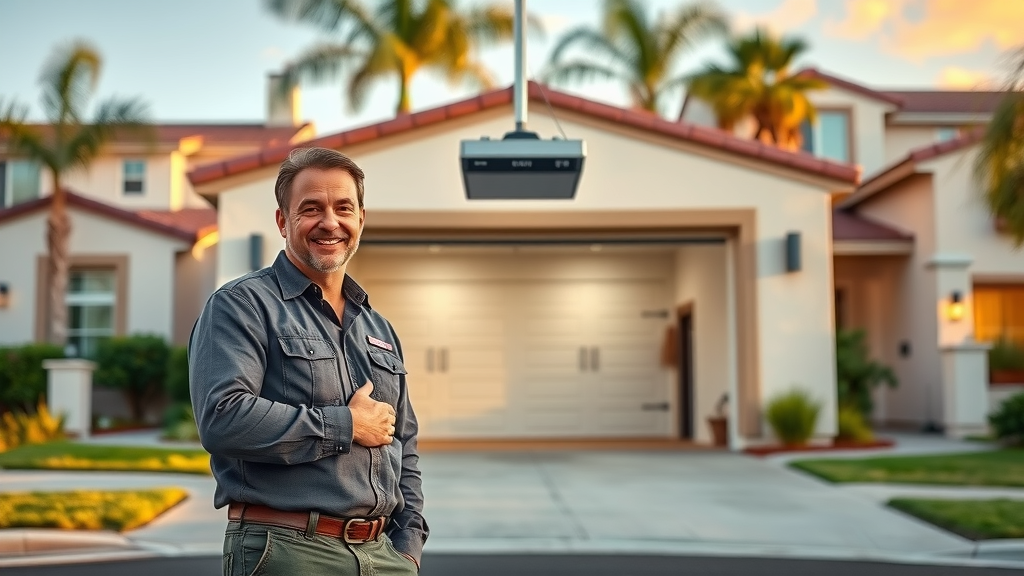 Tustin garage door experts demonstrate smart opener in neighborhood setting