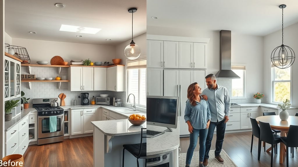 Before and after split view of kitchen remodel orange county, transformation from outdated to modern, emotional homeowners