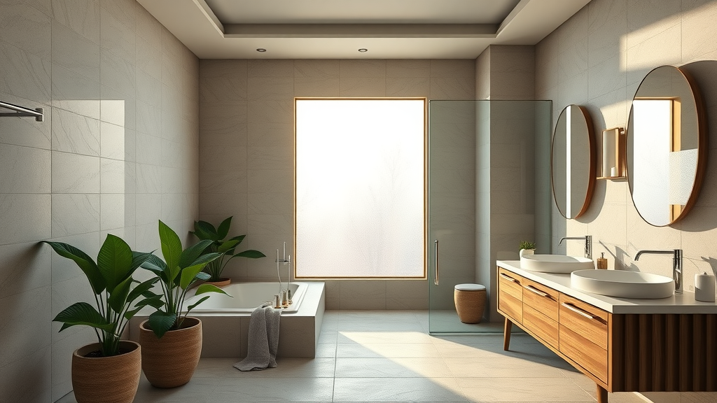 ultra-modern spa-inspired bathroom renovation orange county, natural stone tiles, glass shower, wood vanity, lush plants, soft sunlight, neutral colors