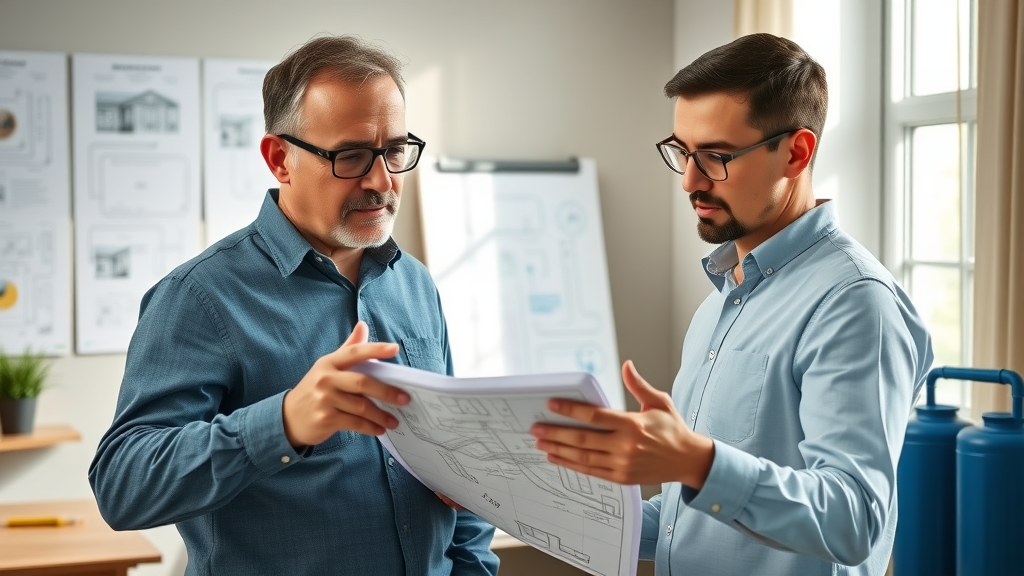 Repipe and water damage specialist reviewing restoration plans with homeowner