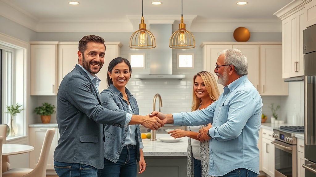 Professional kitchen remodeling team and homeowners shaking hands after project completion in a finished luxury kitchen Orange County