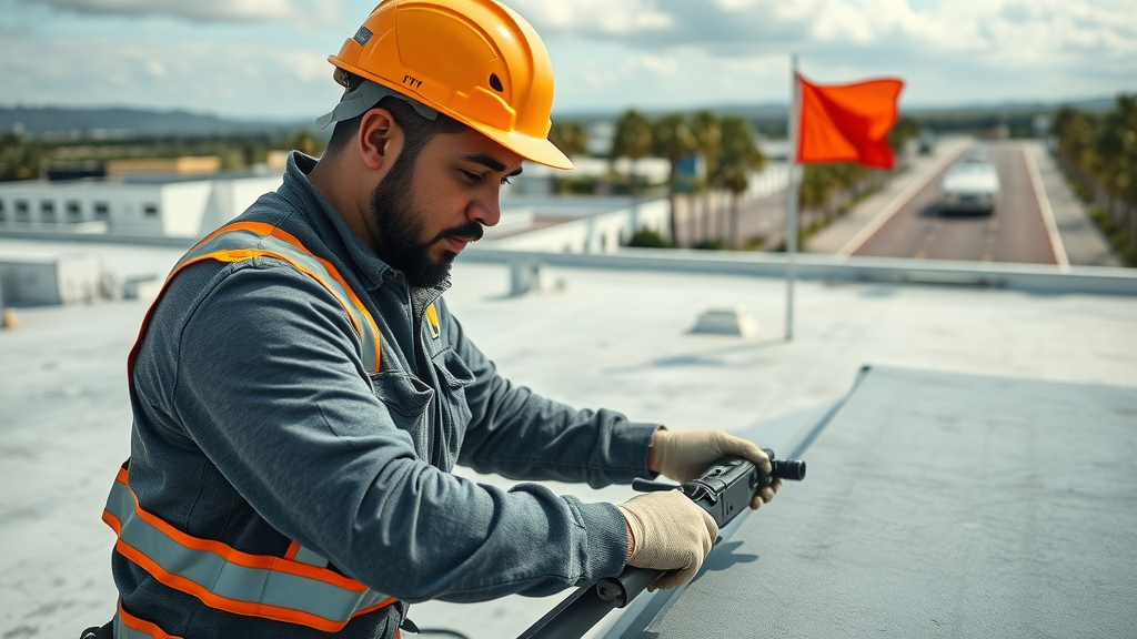 Expert roofer in Orange County installing high-tech commercial roofing system.