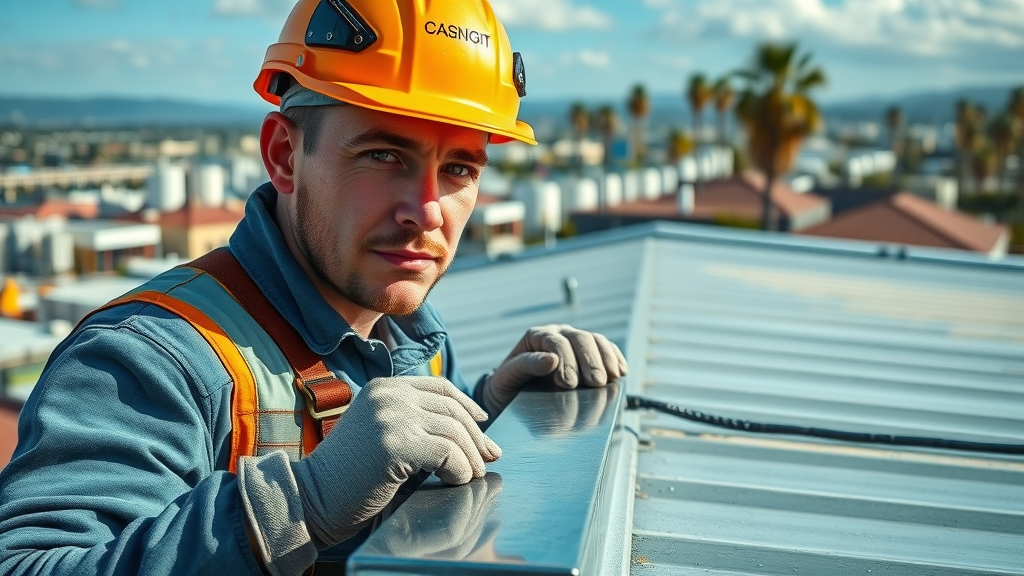 Expert roofer repairing commercial roof seam, highlighting Orange County industrial leak prevention.