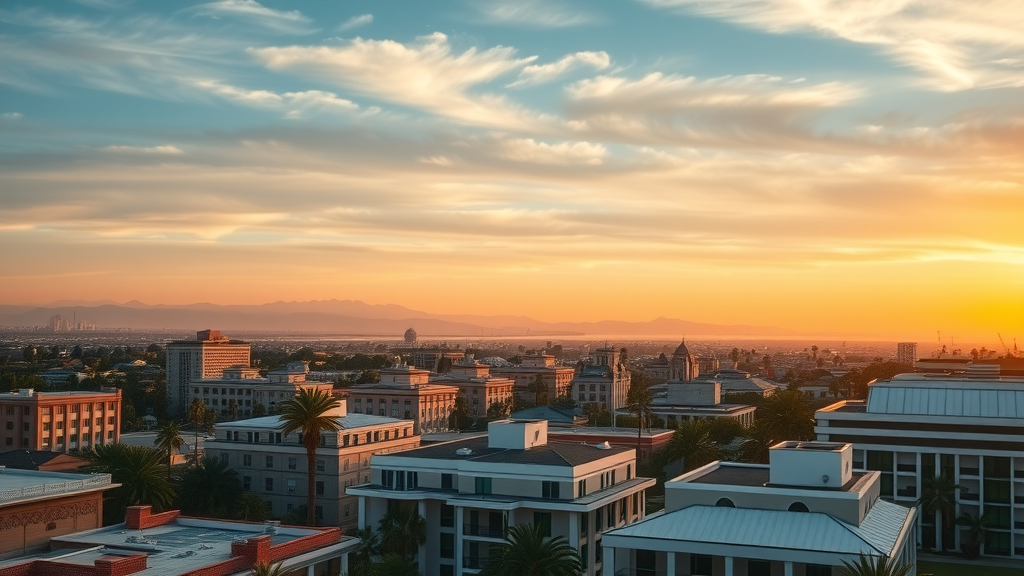 Commercial buildings with flawless roofing in Orange County sunset skyline view.