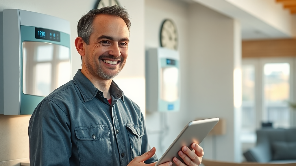 Expert technician in Orange County checking digital tankless water heater panel