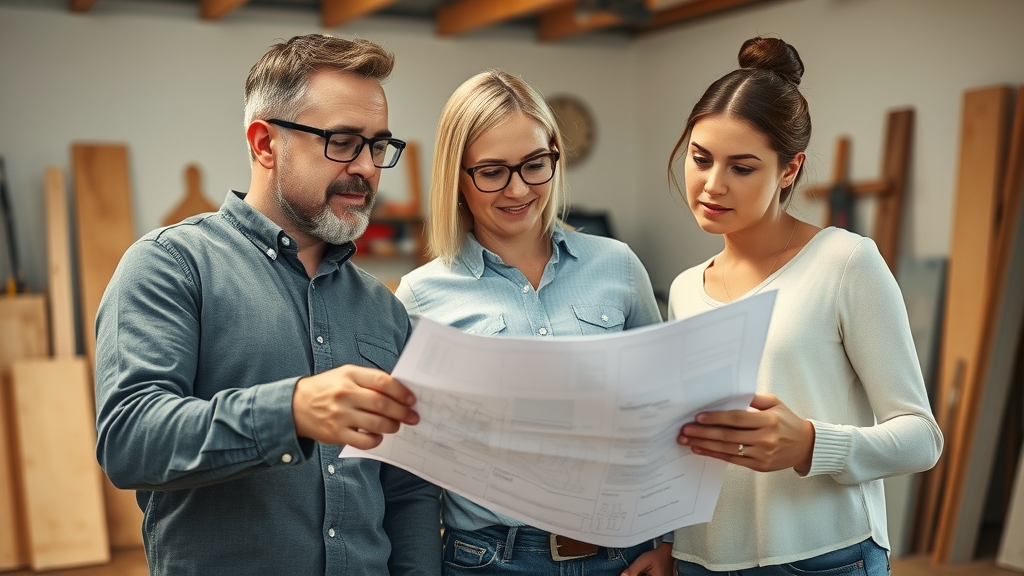 General contractor and homeowners planning affordable home remodeling in Orange County reviewing blueprints and energy-saving materials.