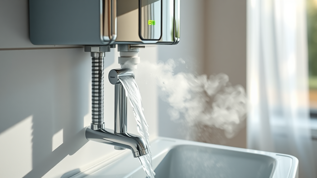 Modern tankless water heater in sunny Orange County home with steaming hot water