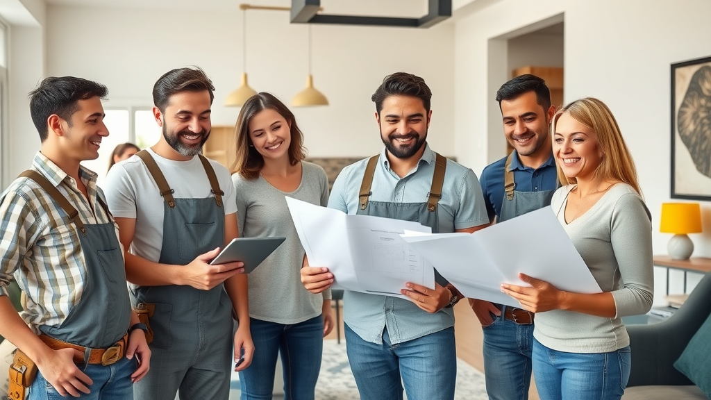 diverse team of licensed contractors consulting with Orange County family about home remodel