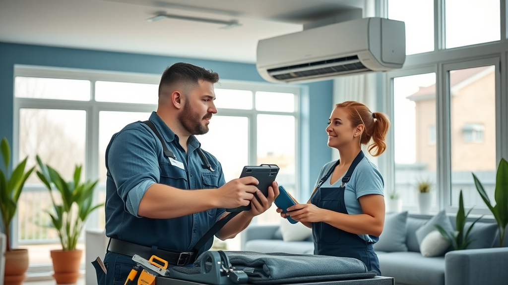 Professional HVAC technicians in Orange County repairing home cooling system