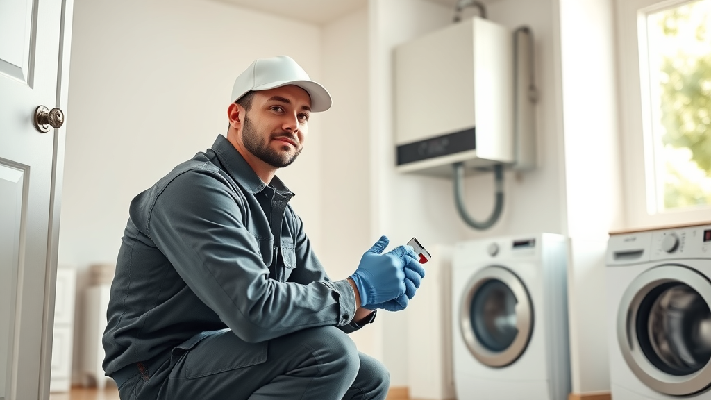 Expert Orange County plumber repairing a tankless water heater in bright utility room