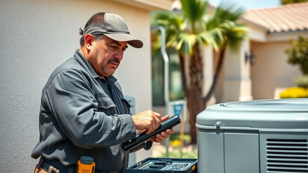 Orange County HVAC technicians servicing AC unit outdoors in summer heat.
