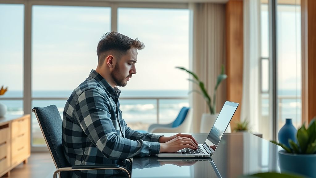 Home design trends Orange County, modern home office, remote work, ocean blue accents, natural daylight, minimalist design