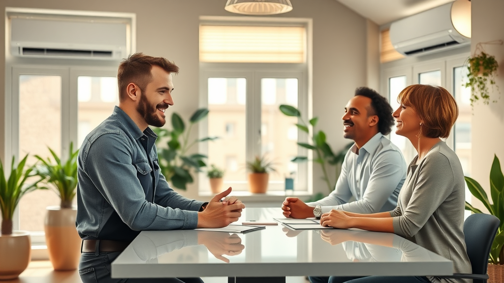 Costa Mesa air conditioning contractor advising home clients indoors.