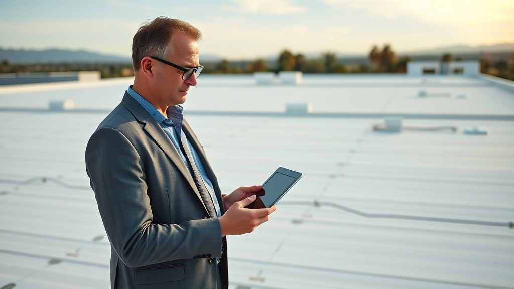 Orange County property manager assessing commercial and industrial roof inspection results on site.