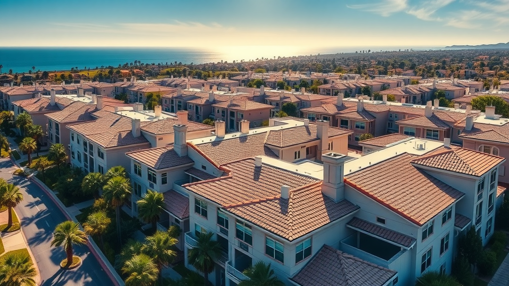 Aerial view of Orange County HOA with expertly waterproofed, sunlit roofs