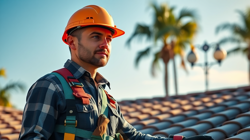 Orange County roofing contractor inspects a residential roof under sunny sky.