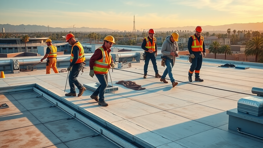 Orange County roofing contractor team repairs a flat commercial roof at sunset.