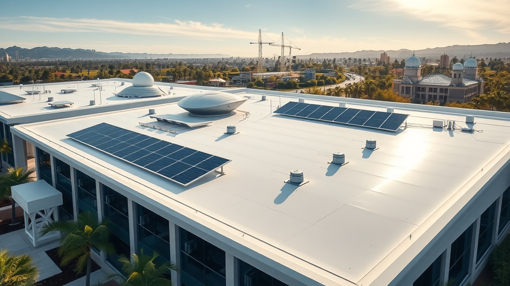 Energy-efficient commercial roofing in Orange County with solar panels and modern design.