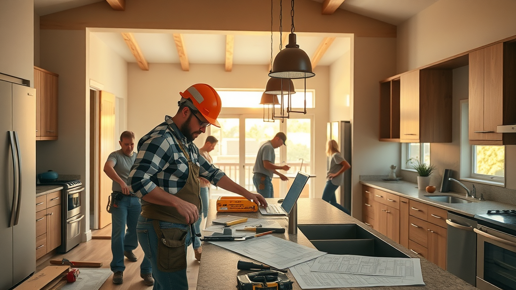bustling Orange County construction site with licensed contractors working on kitchen remodel