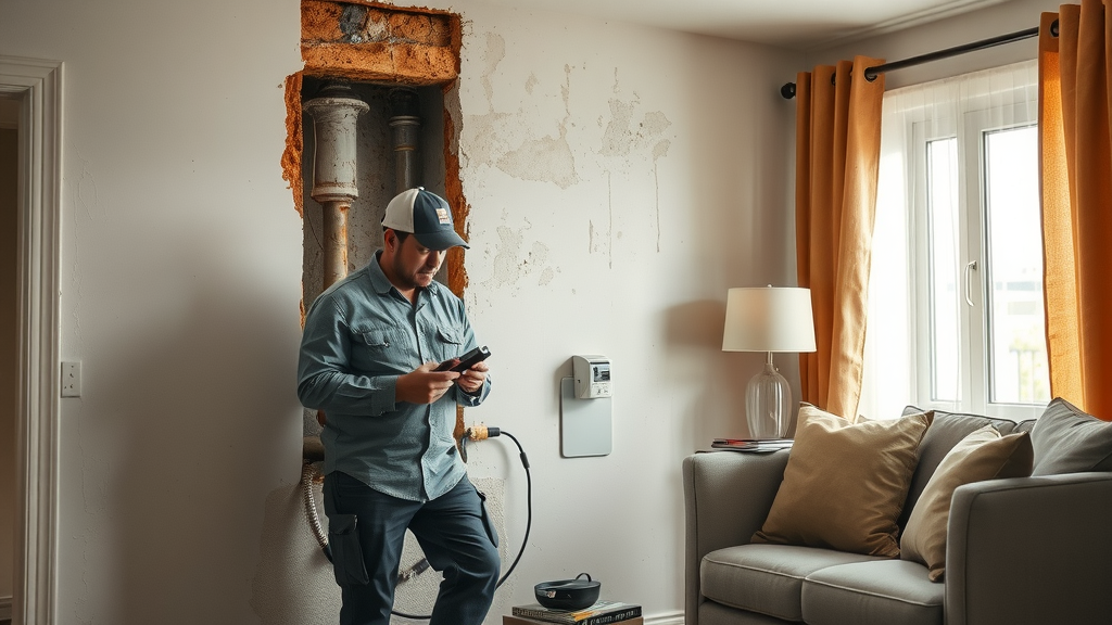 Experts assess water damage and corroded pipes in home wall