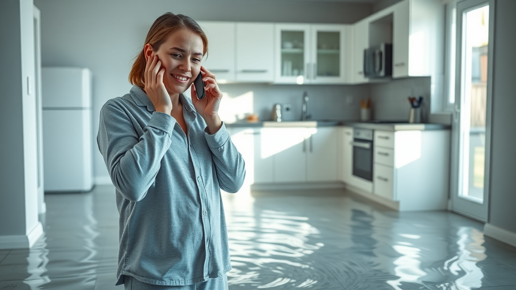 Anxious homeowner in flooded kitchen calling for an emergency plumber in Orange County