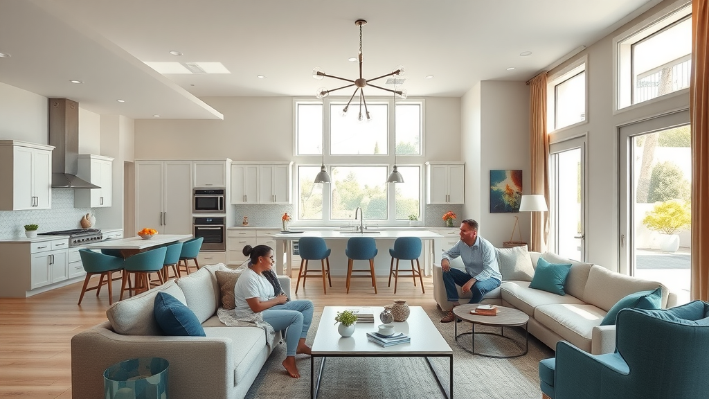 Luxurious open-concept living room and designer kitchen, orange county home transformation