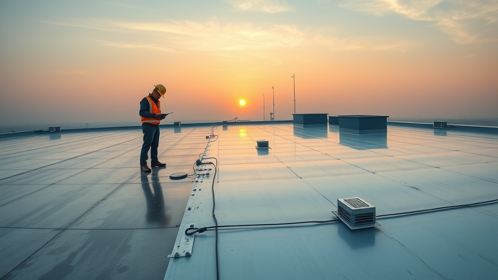 Commercial and industrial roofing in Orange County with technician inspecting a new leak-free flat roof at sunrise.