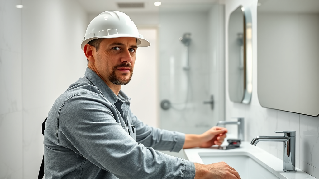 sleek bathroom renovation orange county contractor installing high-end fixtures, marble countertops, modern faucets, cool white and metallic design