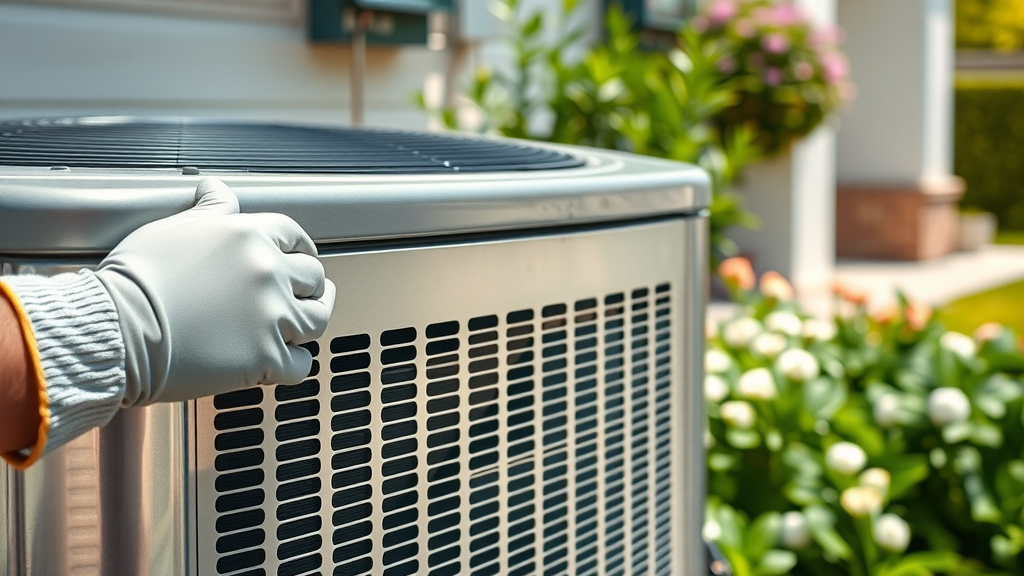 Modern AC unit being serviced for HVAC service in Costa Mesa