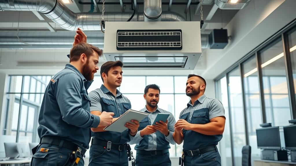 Orange County HVAC technicians upgrading commercial HVAC system in sunny office.