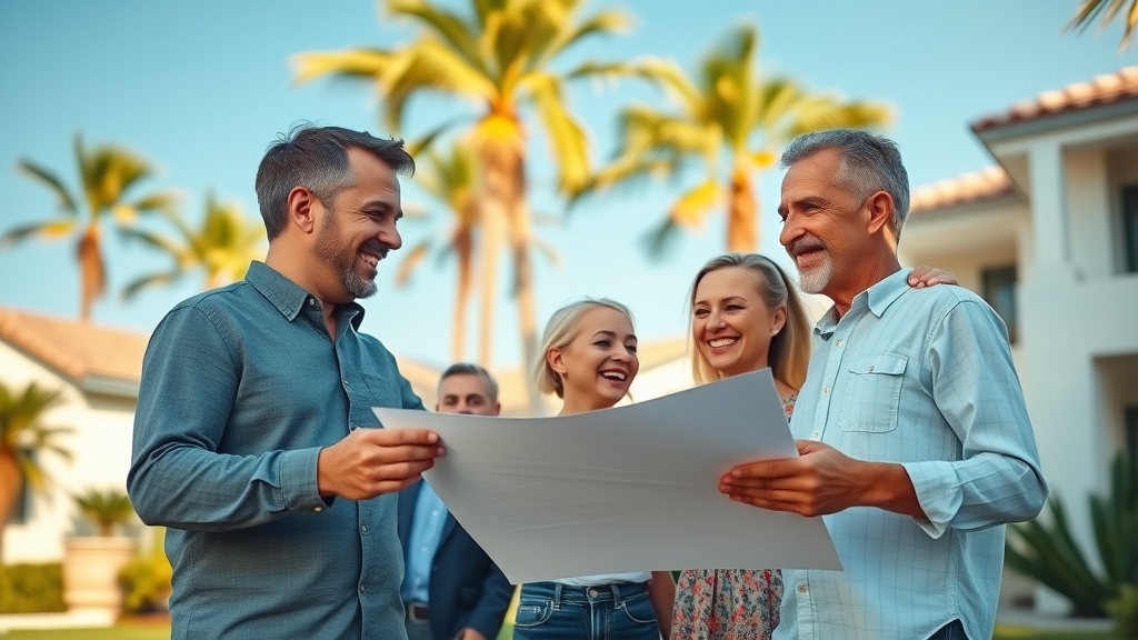 Affordable home remodeling Orange County modern family home with happy homeowners discussing renovation plans under a clear blue sky.
