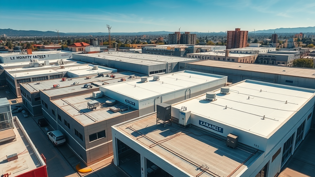 Overhead view of Orange County commercial and industrial roofing with diverse modern materials and maintenance in action.