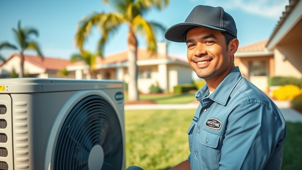 Air conditioning contractor in Costa Mesa inspecting AC unit outdoors.