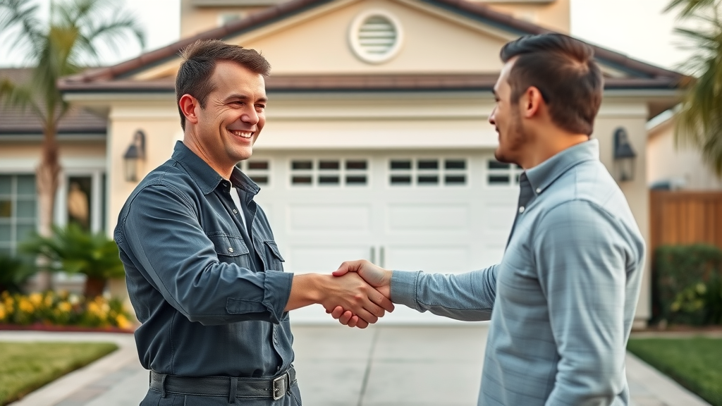 How to find a trustworthy garage door company in Orange County, handshake in front of custom garage door