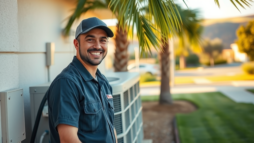 Trusted HVAC technician in Orange County servicing AC unit in sunny neighborhood