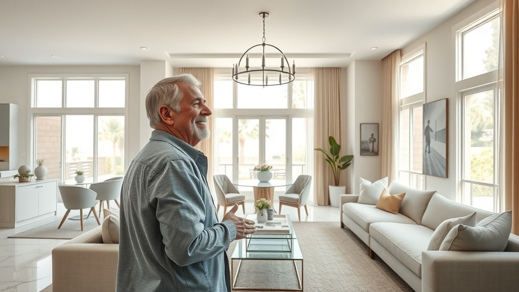 Bright modern Orange County living room after luxury home improvement remodel, homeowner admiring renovated space